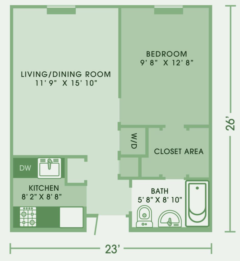 A floor plan of the unit with a kitchen and bathroom.