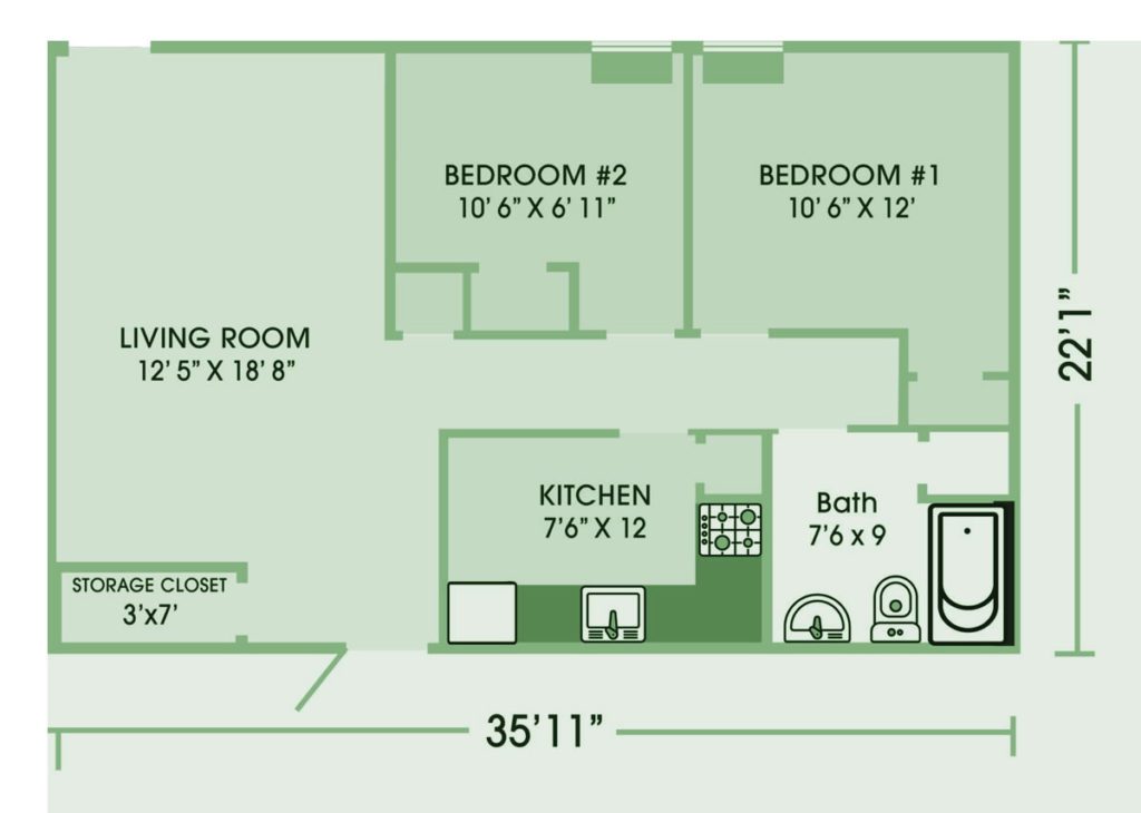 A floor plan of the three bedroom apartment.