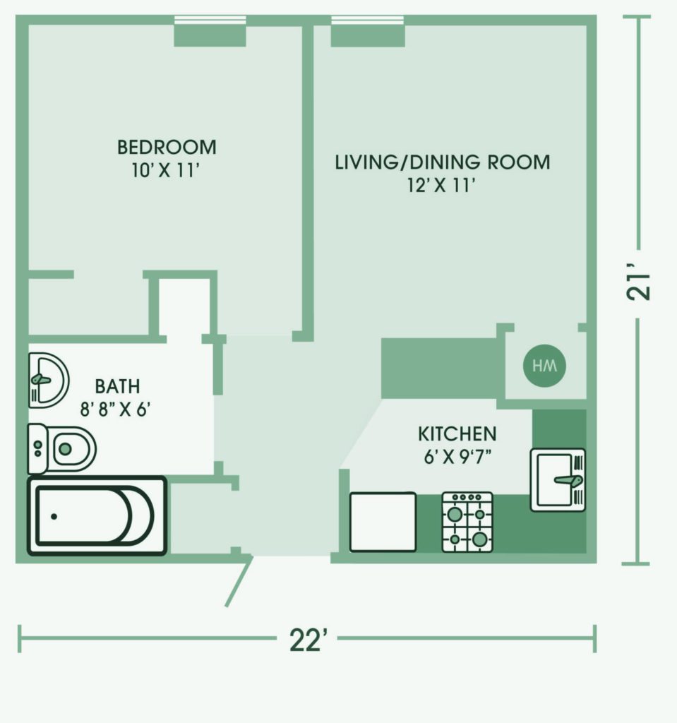 A floor plan of the unit with bathroom, kitchen and living room.