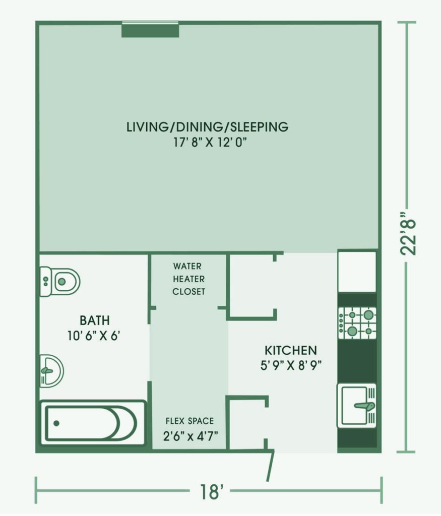 A floor plan of a studio apartment with kitchen and bathroom.