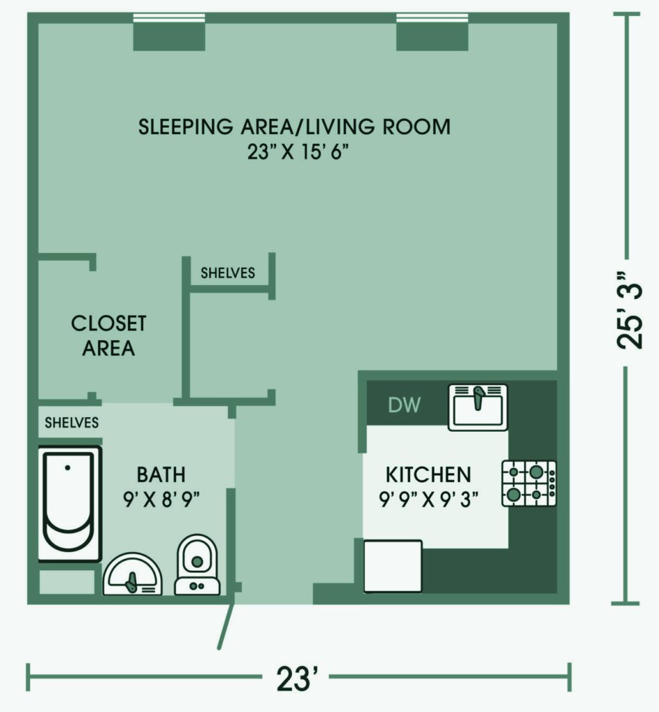 A floor plan of the studio apartment.