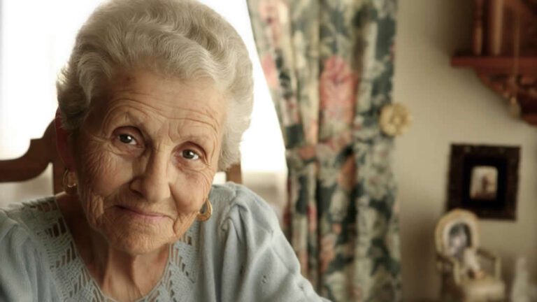 An old woman sitting in a chair with her eyes closed.