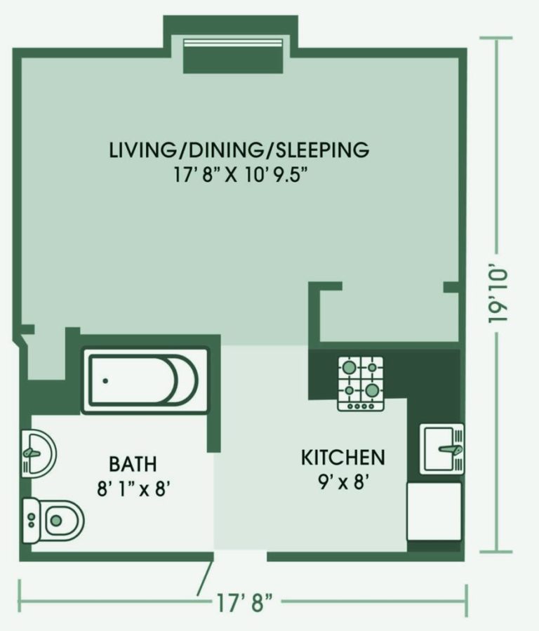 Studio apartment floor plan with dimensions.
